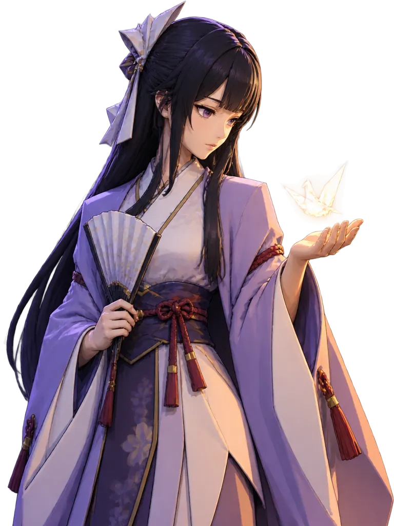 Akiko dengan jubah istana lilak dan putih, memegang kipas lipat, seekor bangau kertas bercahaya melayang di atas telapak tangannya.